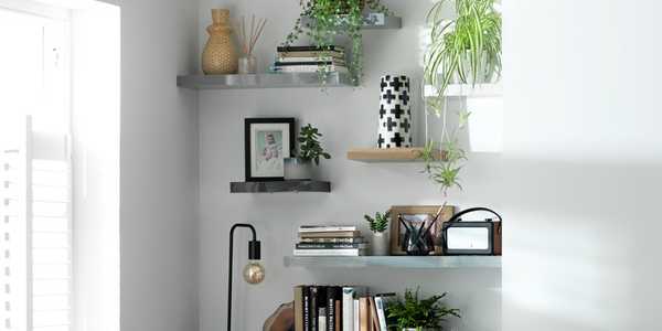 A wall with multiple floating shelves in white displaying indoor plants, reed diffusers, desk lamp and books. 